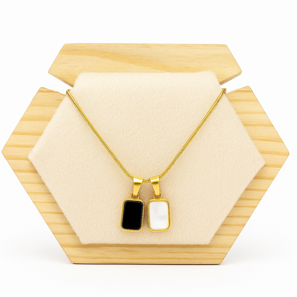 Gold-Plated Dual Rectangular Pendant Necklace – Black & White Enamel Charms, Hypoallergenic
