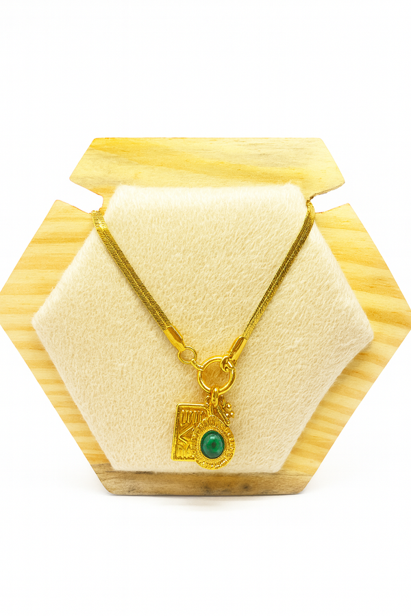 Gold-Plated Coin Charm Pendant Necklace – Green Stone Accent