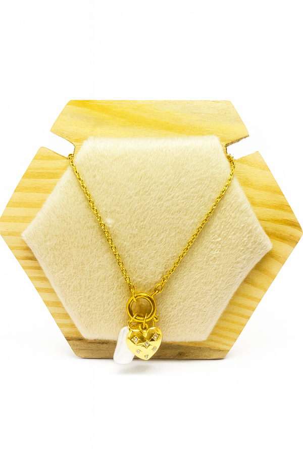 Gold-Plated Heart & Pearl Drop Charm Necklace – Minimalist Romance